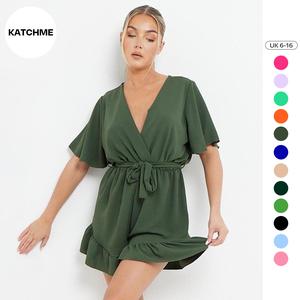 KatchMe Women's Trendy Solid Color V Neck Waist Tie Ruffle Hem Playsuit,Plain Basic Fitted Short Sleeve Thin Waist Lace-Up Playsuit,Casual Womenswear