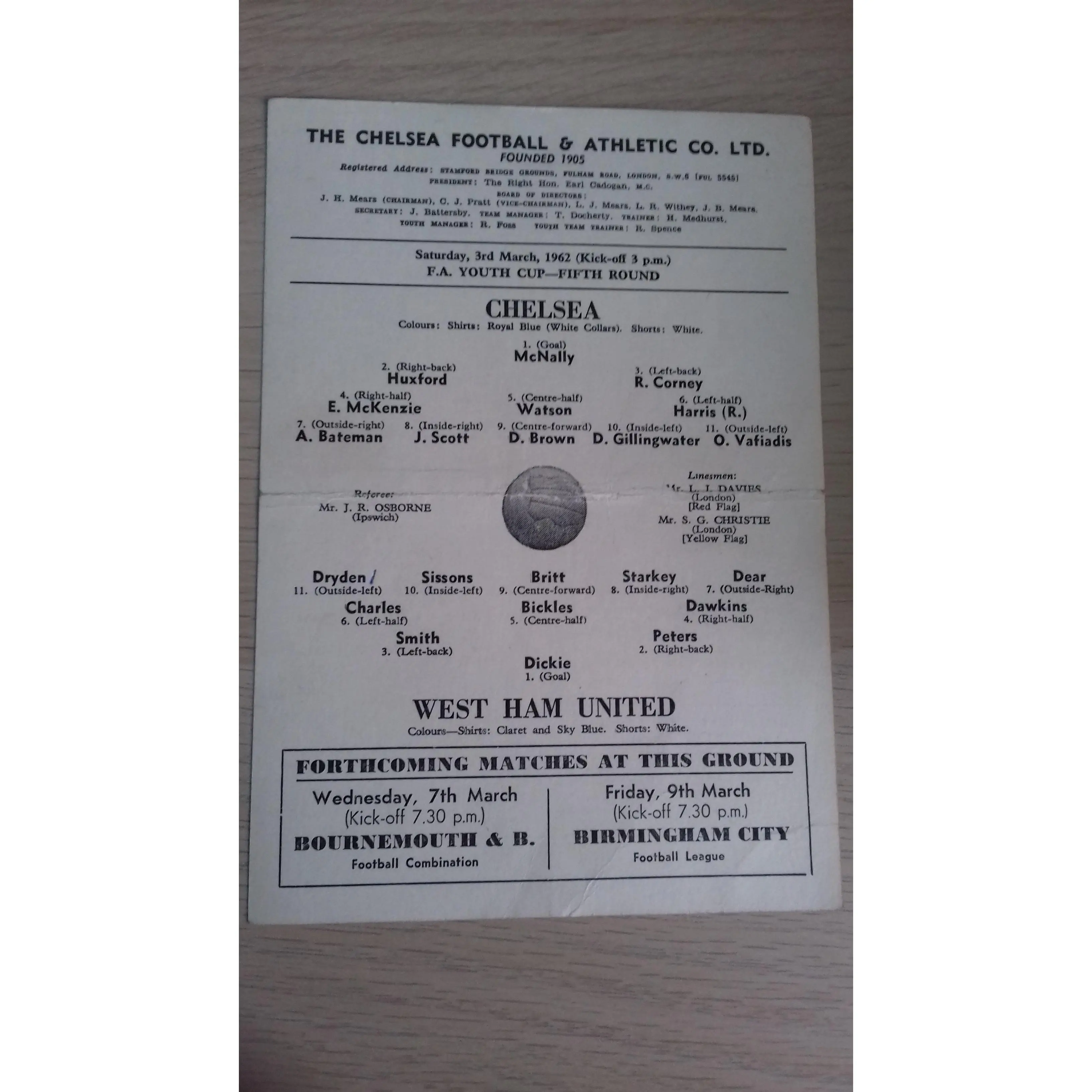 Chelsea v West Ham Utd  F.A. Youth Cup 5th Round Single Card  3rd March 1962