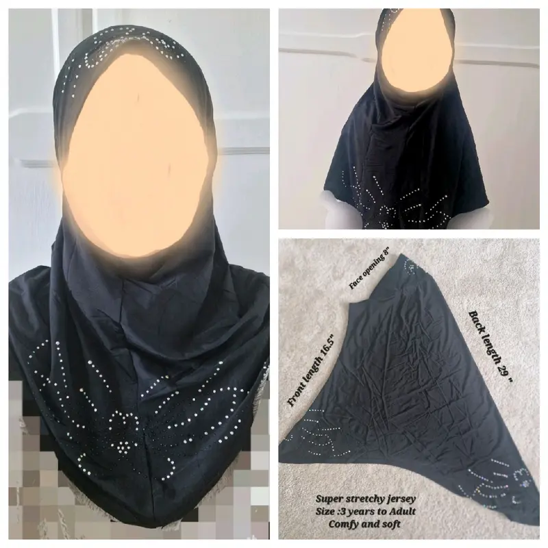 Muslim Girls Women Instant Hijabs Pull On Scarf, Super soft and Stretchy material. Size 3 years to Adult, studs fancy work, durable studs, comfortable, lightweight 2
