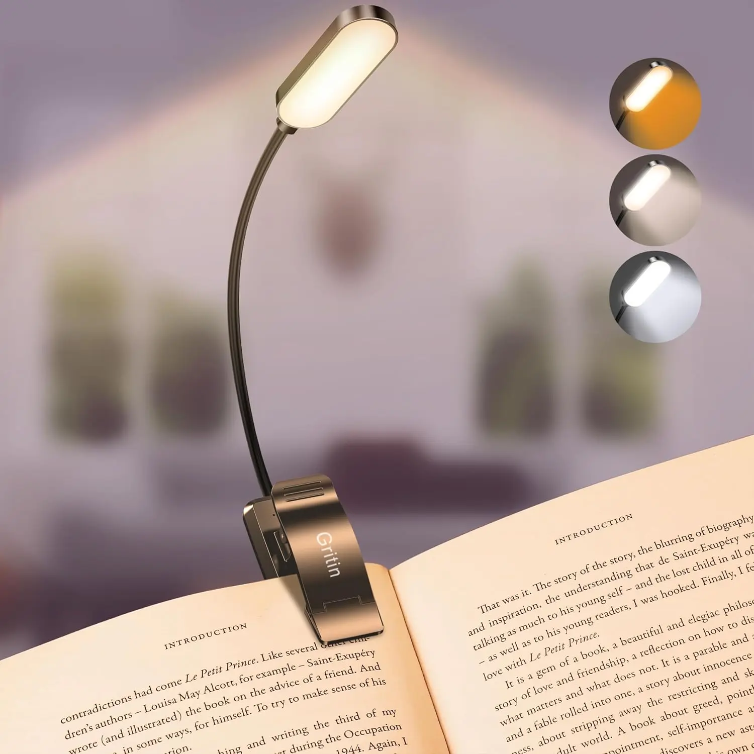 16 LED Reading Light, Book Light 3 Eye-Protecting Modes Book Lamp (White/Amber/Mixed) - Stepless Dimming, Rechargeable, Long Battery Life, 4-Level Power Indicator, Flexible Clip on Book Light