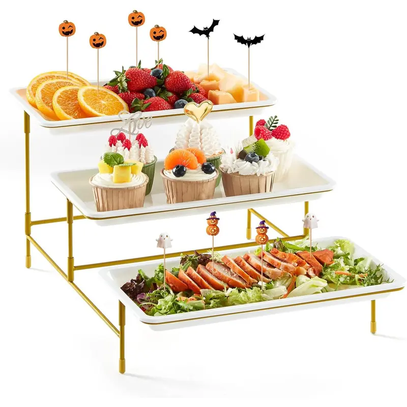 Lifewit 3 Tiered Plastic Serving Tray for Party Supplies, Platters for Serving Food, Reusable Trays with Mental Display Stand for Veggie, Fruit, Cookies, Dessert 0