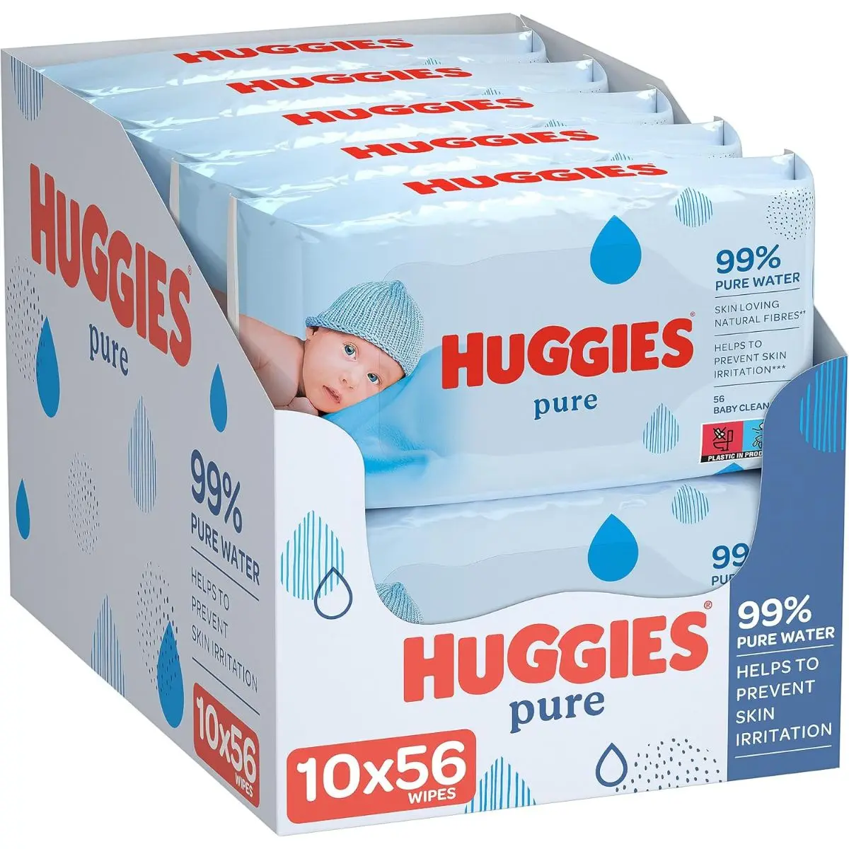 Huggies Pure Baby Wipes - Pack of 10 (10 x 56 Packs, Total 560 Wipes)