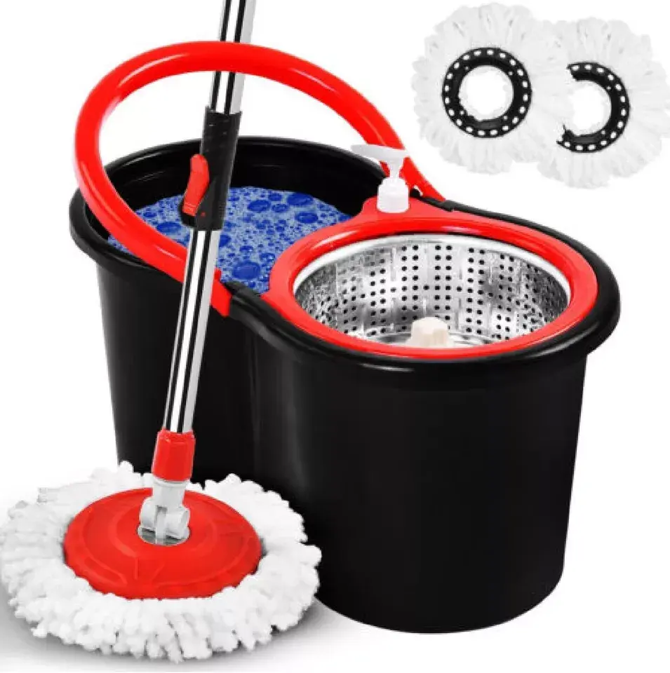 SPIN MOP BUCKET SET MICROFIBRE ROTATING DRY HEADS WITH 2 HEADS