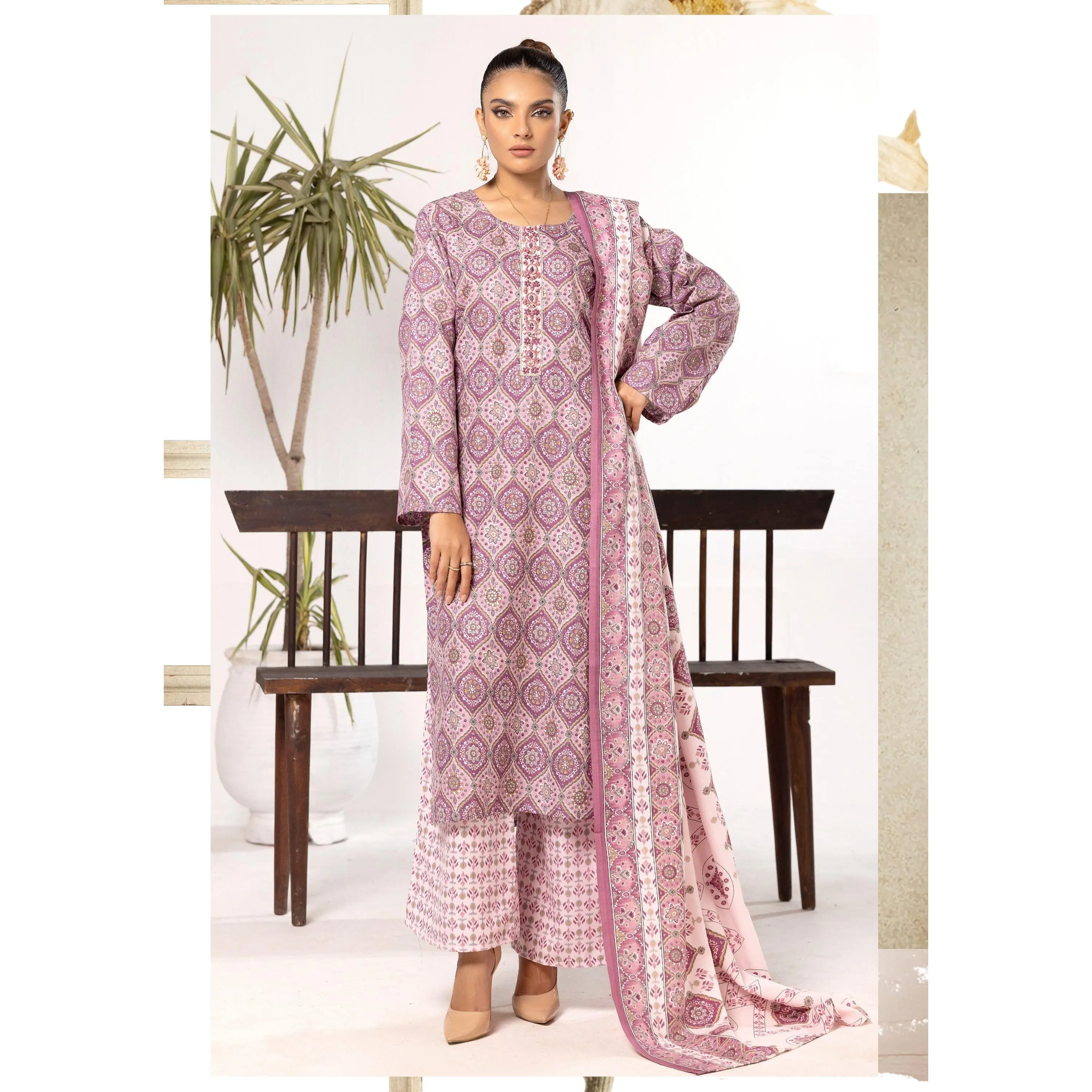 Mauve | Printed Linen Shalwar Kameez & Dupatta | 3 Pc | Ready-to-wear | Simrans