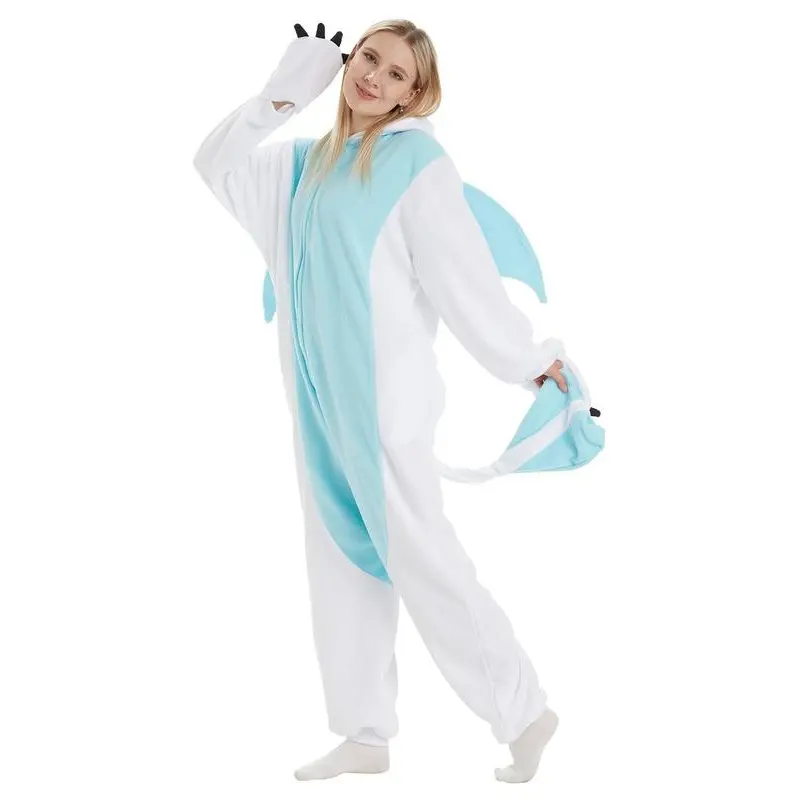 Unisex's Dragon Pattern Drop Shoulder Zipper Polar Fleece Jumpsuit, Cute Long Sleeve Pocket Halloween Party Costumes for Women & Men, Unisex's Dragon Toothless Onesie Pajamas Clothing for Fall & Winter 1