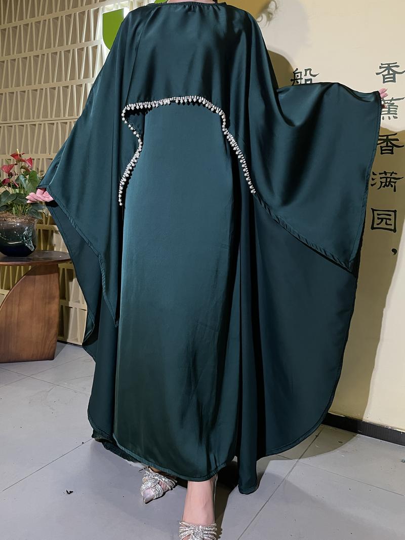 Product Introduction of 2025 Ramadan Promotion Two- piece Satin cape elegant dress , occasion abaya , Modest dress with pearl and crystal 13