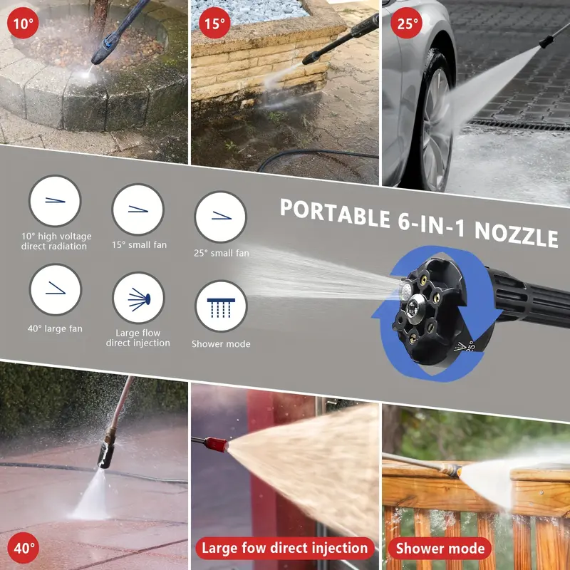 18V 2 In 1 Cordless High-pressure Cleaning Gun With Electric Drill Attachment, Two-in-one Cleaning And Drilling Function, 6-in-1 Nozzle, 5m Water Pipe, Multi-functional Water Gun For Indoor Cleaning, Yard Cleaning, Cars Cleaning And Polishing Etc. 5