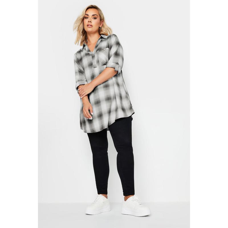 YOURS Curve Black and Silver Metallic Check Print Shirt 2
