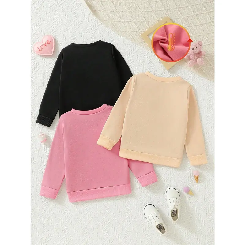 3pcs Tween Girl Fashion Casual Heart-Shaped & Leopard Print Sweatshirts With Fleece Lining, Black/Lotus Root/Apricot, Suitable For Everyday Wear 1