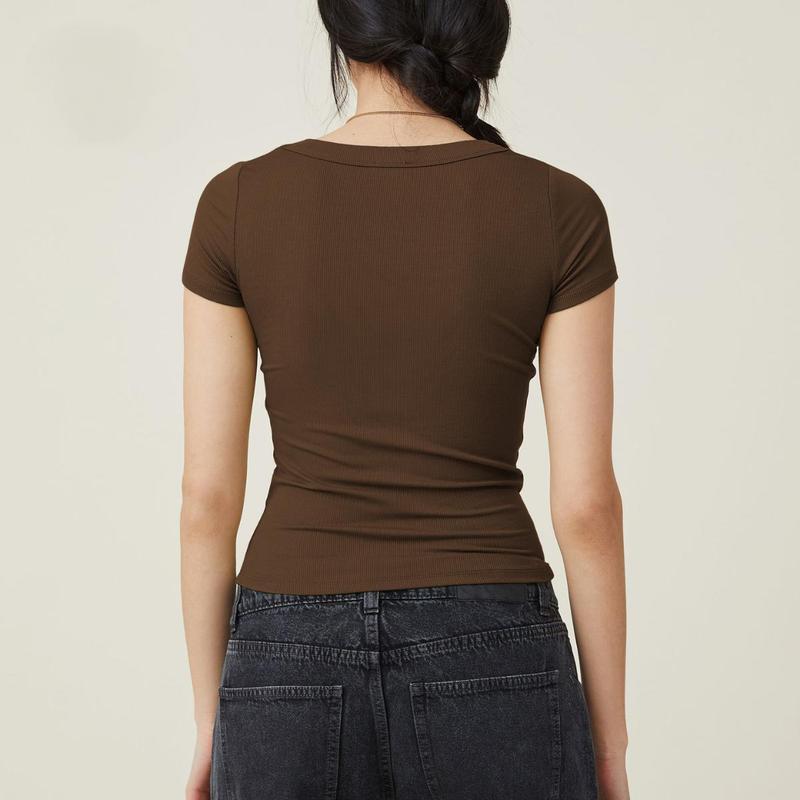 KatchMe Women's Versatile Solid Color Square Neck Slim Ribbed Crop Top,Basic Minimalist Womenswear,Casual Plain Tshirt for Spring & Summer 2
