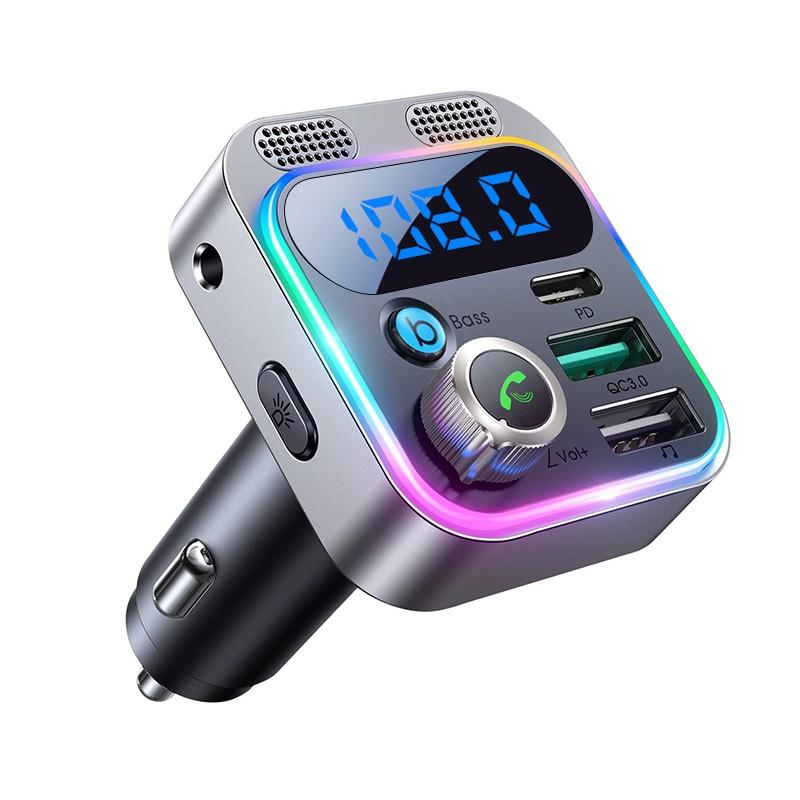 FM Transmitter for Car,Bluetooth 5.3 [Stronger Dual Mics & HiFi Deep Bass Sound] , 48W PD&QC3.0 Bluetooth Car Adapter, Hands-Free Calling, Larger LED, AUX Output & U Disk 1