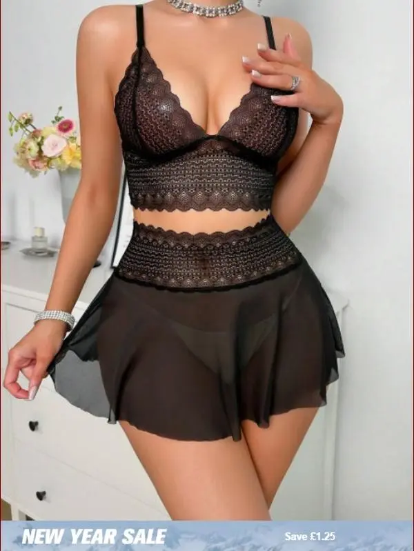 Valentine's Romance: Wireless & Mesh 2-Piece – Feel Sexy & Confident in Luxury Women's Wear Comfort Womenswear Basic Minimalist romantic premium spicy outfit lace lingerie set super Black 0