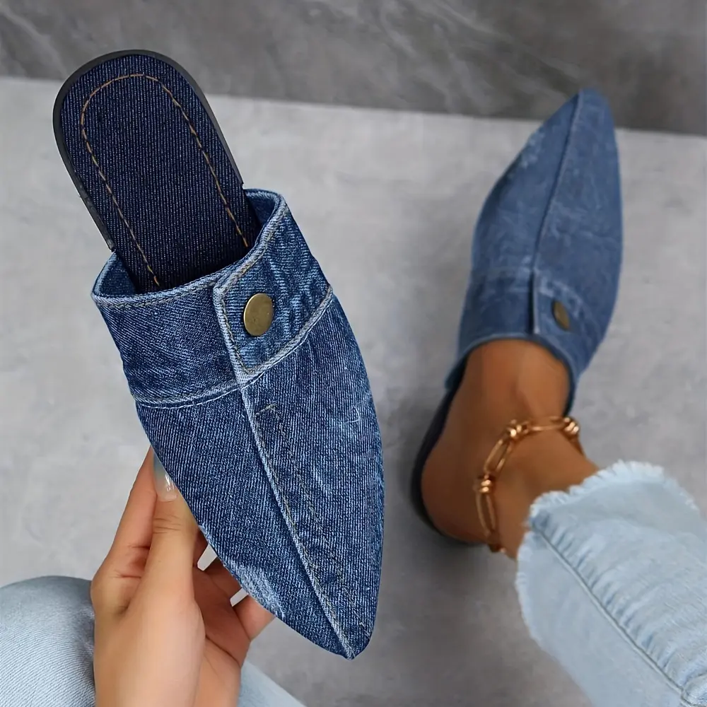 Women's Denim Flat Mules, Fashion Pointed Toe Slip On Non Slip Shoes, Casual Outdoor Slides Footwear Girl