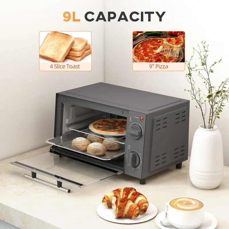 [Home kitchen] Mini Oven, 9L Countertop Electric Grill, Toaster Oven With Adjustable Temperature, Timer, Baking Tray And Wire Rack, 750W 2