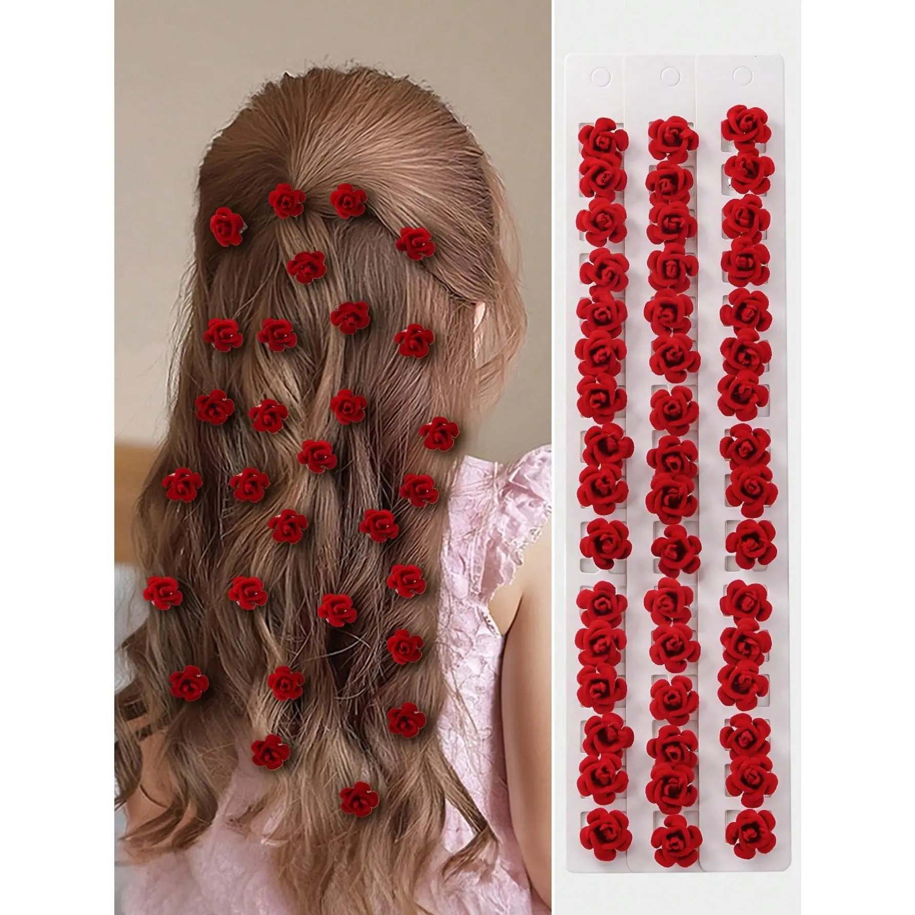10pcs Burgundy Velvet Rose Flower Decor Hair Clips Set For Toddler Girls, Hair Accessories
