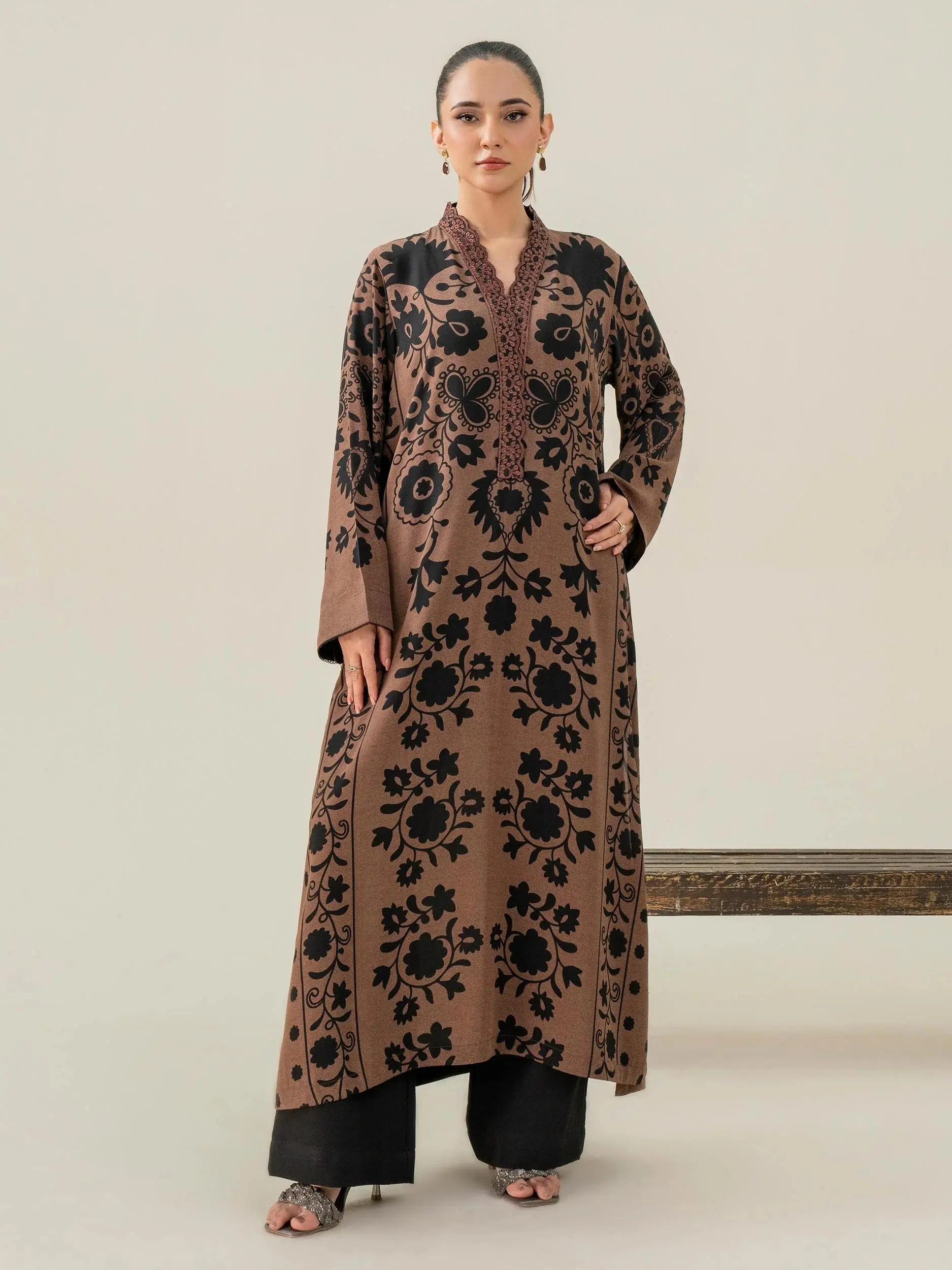 Loose fit A-line style Embroidered neckline  Limelight Original With Tags grip shirt brown printed pret - shirt only
