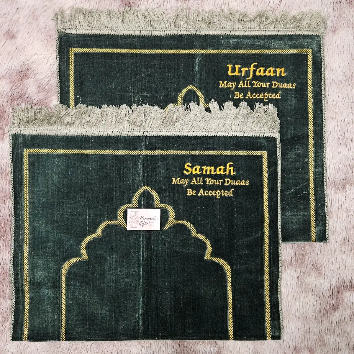 Personalised Velvet Turkish Prayer Mat with Gold Borders Grey Janamaz Salah Rug