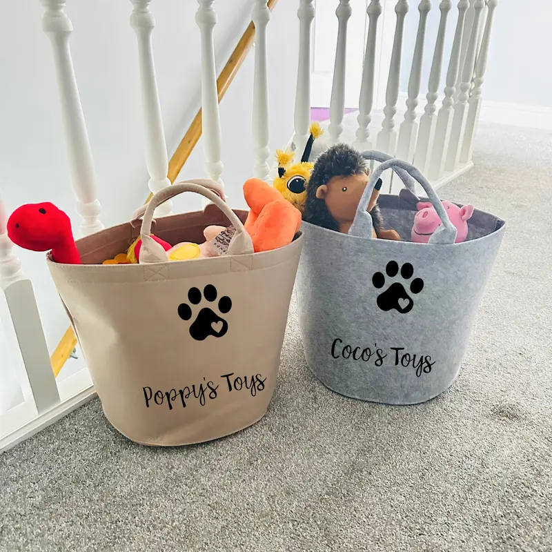Personalised Dog Toy Basket Organiser - Felt - Grey or Beige Sand - Toy Box - Add your pet's name Gift 4
