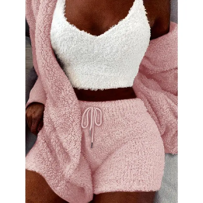 【2025】Warm Fuzzy Pajama Set, Long Sleeve Hooded Robe & Tank Top & Drawstring Shorts, Women's Sleepwear & Loungewear 3