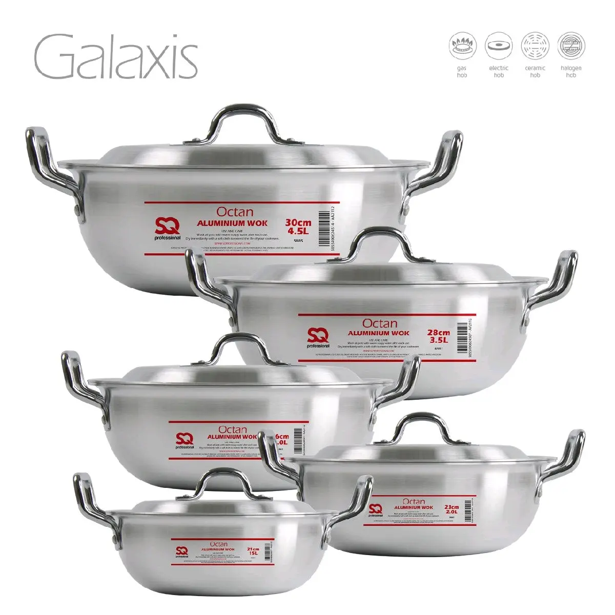 SQ Professional Galaxis Octan Aluminium Pot Karahi Set of 5, Suitable for Gas, Electric, Ceramic and Halogen Hobs, 21-30cm, 2.3-6L Capacity - Cookware