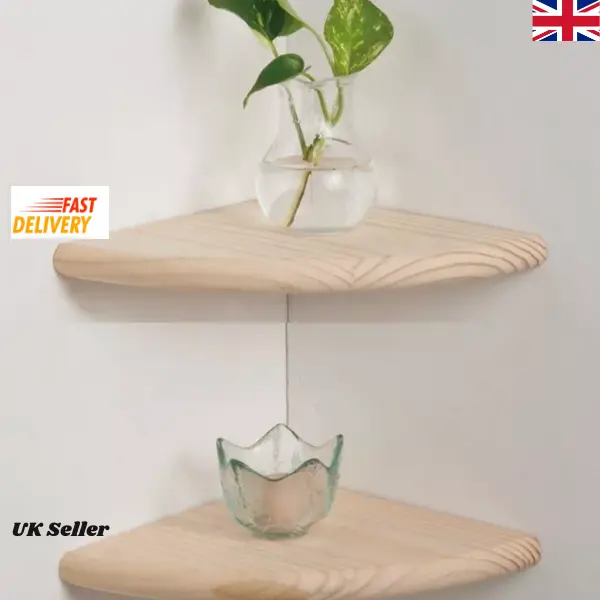 Natural Wood Wall Mounted Corner Shelves Kit with Fitting for Storage - Decor Room Wooden