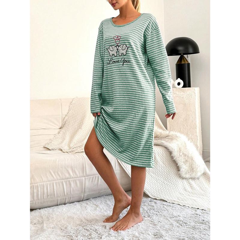 Cottnline Elephant & Letter Embroidery Striped Print Drop Shoulder Nightdress Cotton Fabric Fit Long Sleeve Comfort Casual Homewear Shirts Loungewear Womenswear Nightwear 2