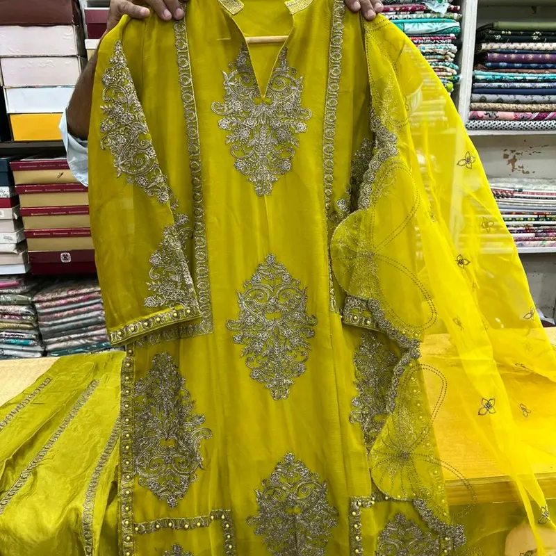 3pc Chiffon Dress with Cut work organza Duppta and  Silk Plazo. 1