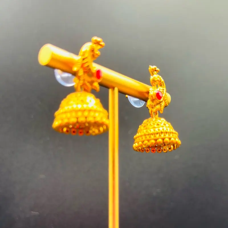 Traditional Gold-Plated Imitation Jhumka Earrings with Ruby Stone (Small) 2