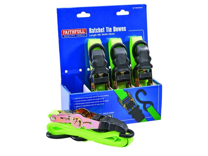 Faithfull 4 Piece Ratchet Tie Down Set 25mm x 5m 0