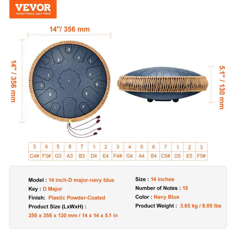 VEVOR Steel Tongue Drum, 14 in & 15 Notes, Rain Drum for Outside Garden, D Major Key, Tank Drum with 2 Mallets & Carry Bag, Hand Pan Drum Percussion Instrument for Musical Education Yoga, Navy Blue 6