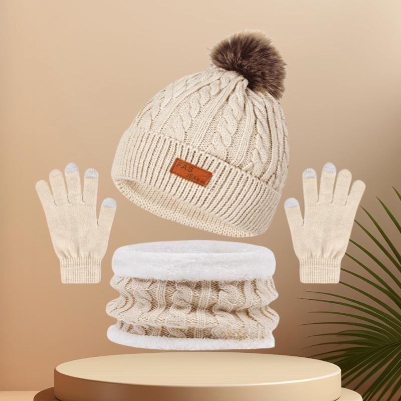 Festive Winter Knit Hat Set with Pom Pom, 3-in-1 Warmth Bundle: Thick Hat, Scarf, and Touchscreen Gloves for Ladies - Perfect for Cold Weather Outings 1