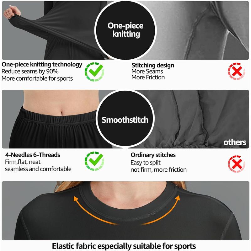 Womens Thermal Underwear Set,Crew Neck Long Sleeved Base Layer Top & Leggings Multifunctional Home Thermal Base Layers for Sports Skiing Womenswear Comfort Basic Black Minimalist 3