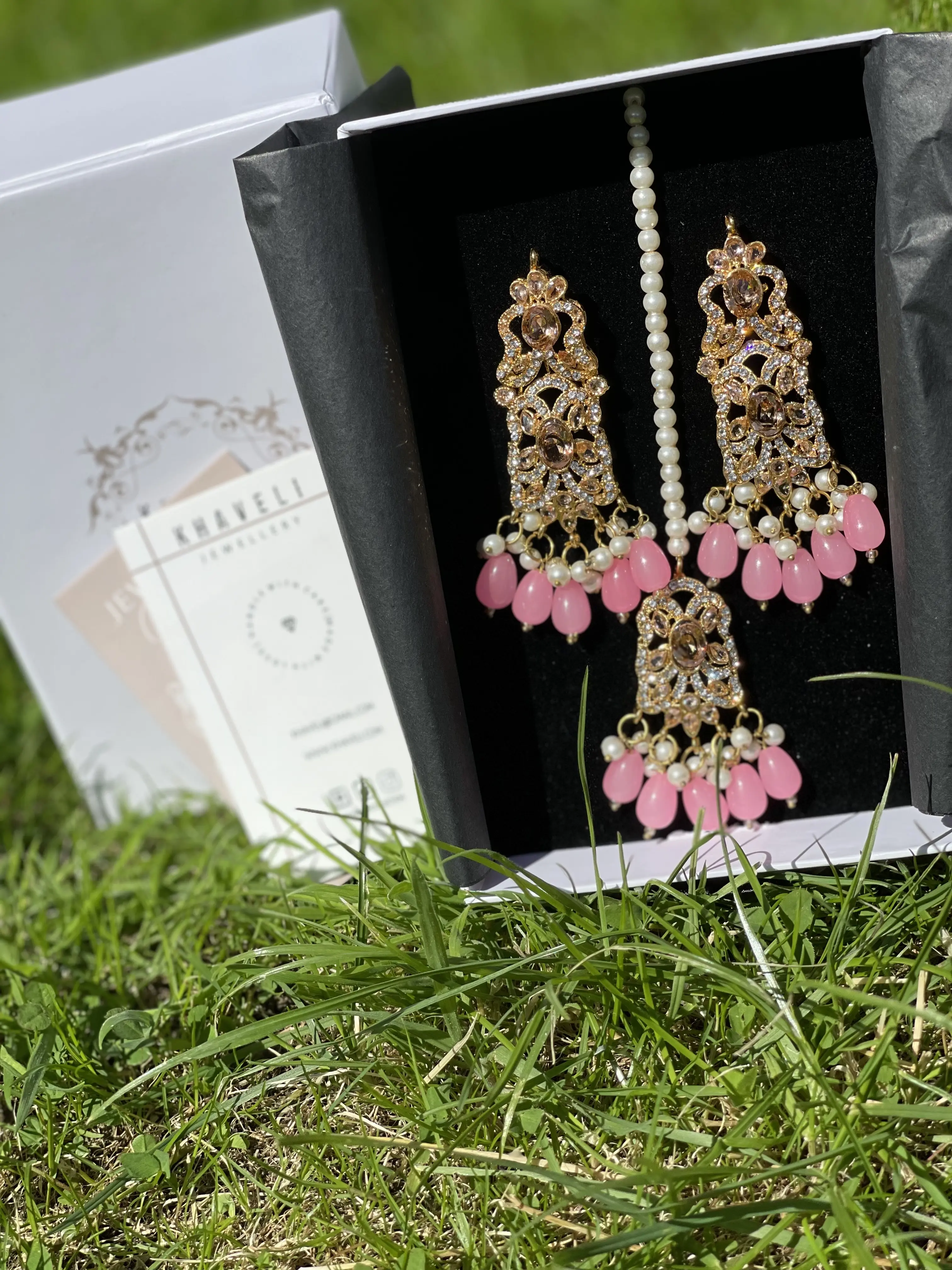 Aiman Drop Earring and Tikka Set - Pink Pakistani Jewellery