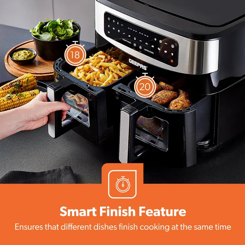 GEEPAS Dual Air Fryer Dual Zone Family Sized Multi Cooker 3 draws Included 2600W 3