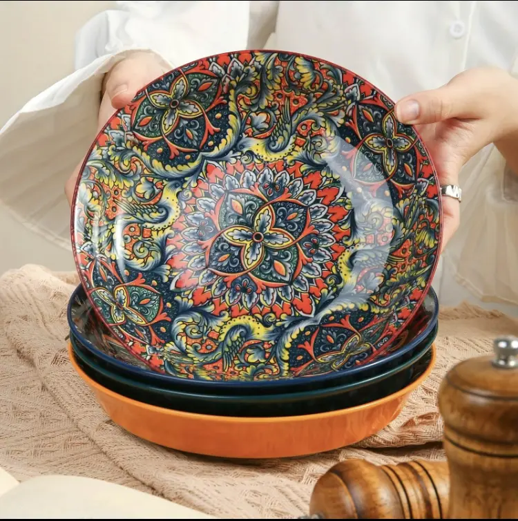 Bohemian Style Ceramic Dinner Plate Set, 4 Counts/set Creative Breakfast Bowl, Large Deep Plate for Home and Restaurant Use Stylish Aesthetic 7