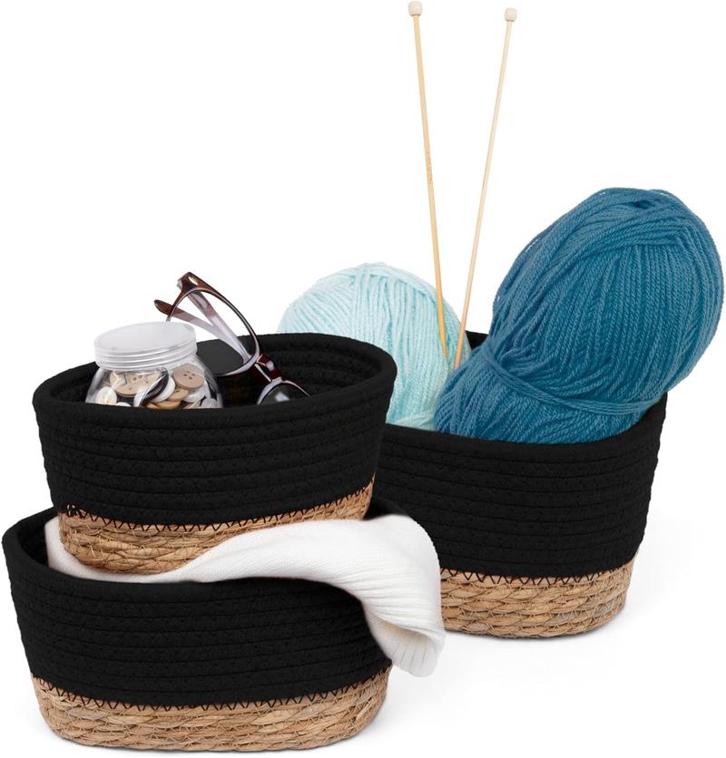 Product Introduction of Woven Seagrass Laundry Baskets Set of 3 - Stackable Home Organizer for Clothes, Toys & Blankets White Black 3