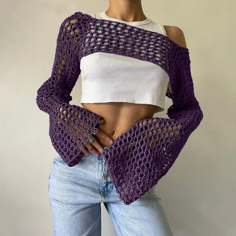 Product Introduction of Women Big Fishnet Long Sleeve Cropped Sweaters Summer Fashion Lady O-Neck Flare Sleeve Hollow Out Short Knitted Pullovers Knitwear Womenswear 15