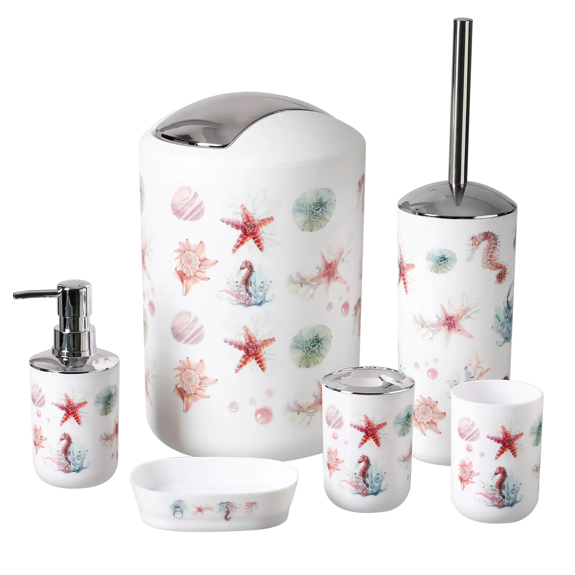 Bathroom Accessory Set 6 Pieces Luxury Modern Vanity Bath Accessories Bath Set Toilet Brush with Holder, Soap Dish, Lotion Dispenser, Toothbrush Holder, Tumbler, Trash Bin (Seahorse) Gift Plastic