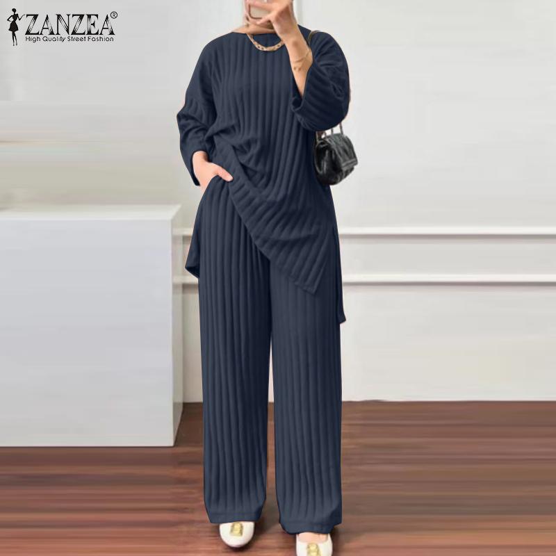Product Introduction of Long Sleeve Blouse Wide Leg Pants Sets ZANZEA Women Matching Sets Solid Islamic Clothing Muslim Tracksuit Outifits 2PCS 12