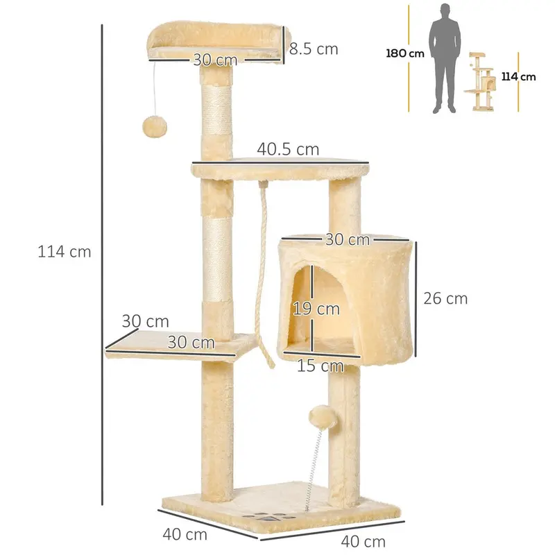 Cat Tree Activity Centre Scratcher Scratching Post with Toys Beige 114Cm 1