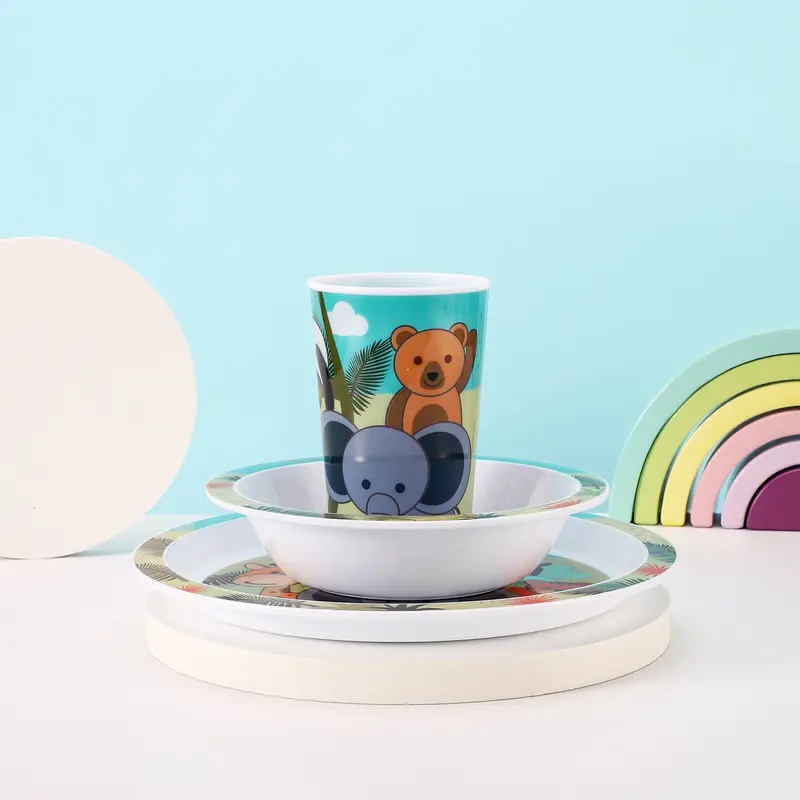 Animal 3Pcs Coloured Dining Set - Plate, Bowl and Tumbler Dinnerware Set for Children, BPA Free 3