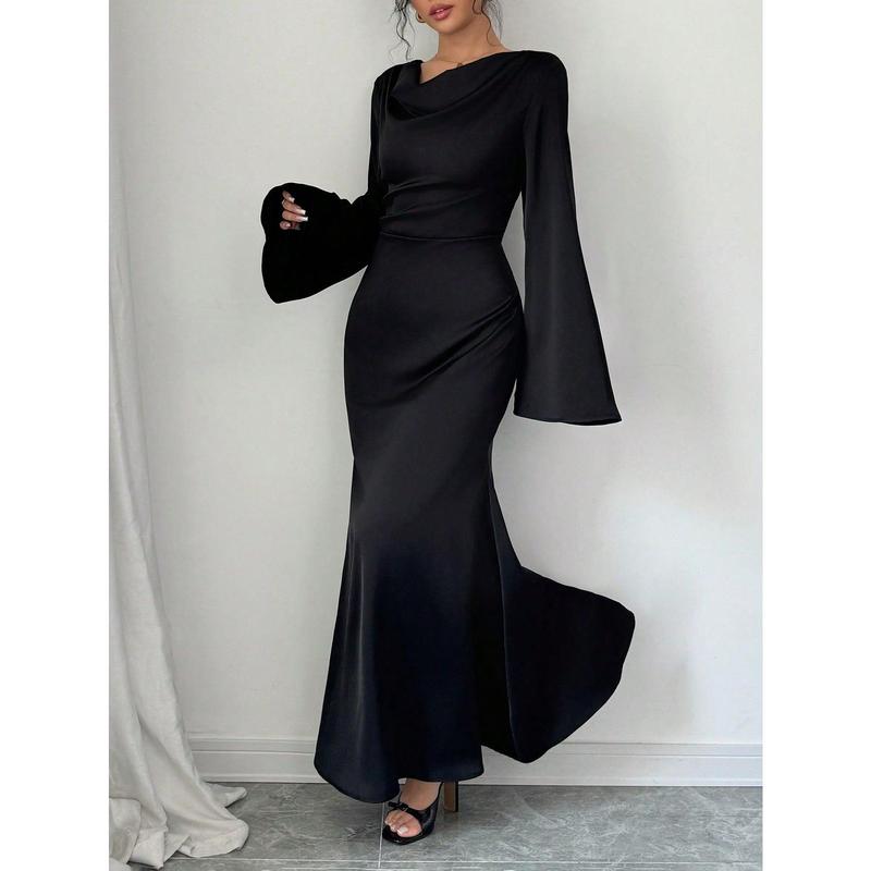 PETITE 1pc Women's Satin Solid Color Long Flare Sleeves & Back Tie Elegant & Romantic Mermaid Hem Dress, Petite 6
