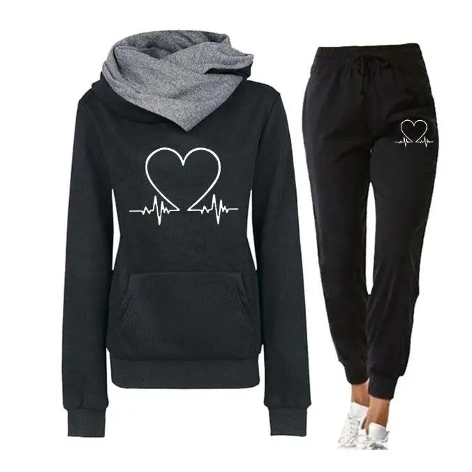 Love Heart Printed Sports Suit Hooded Sweatshirt Top And Drawstring Pants Fashion Casual Clothing For Women Long Sleeve Womenswear