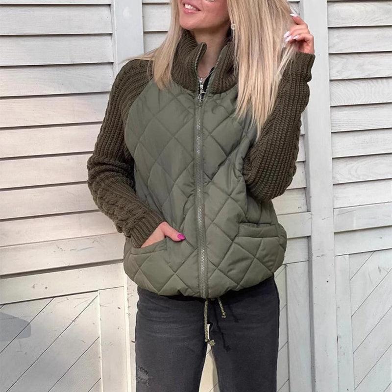 Women Stand Collar Fashion Knitted Stitching Jacket Womenswear coat solid minimalist Fabric Knitwear Army Check Garment Hoodie 6