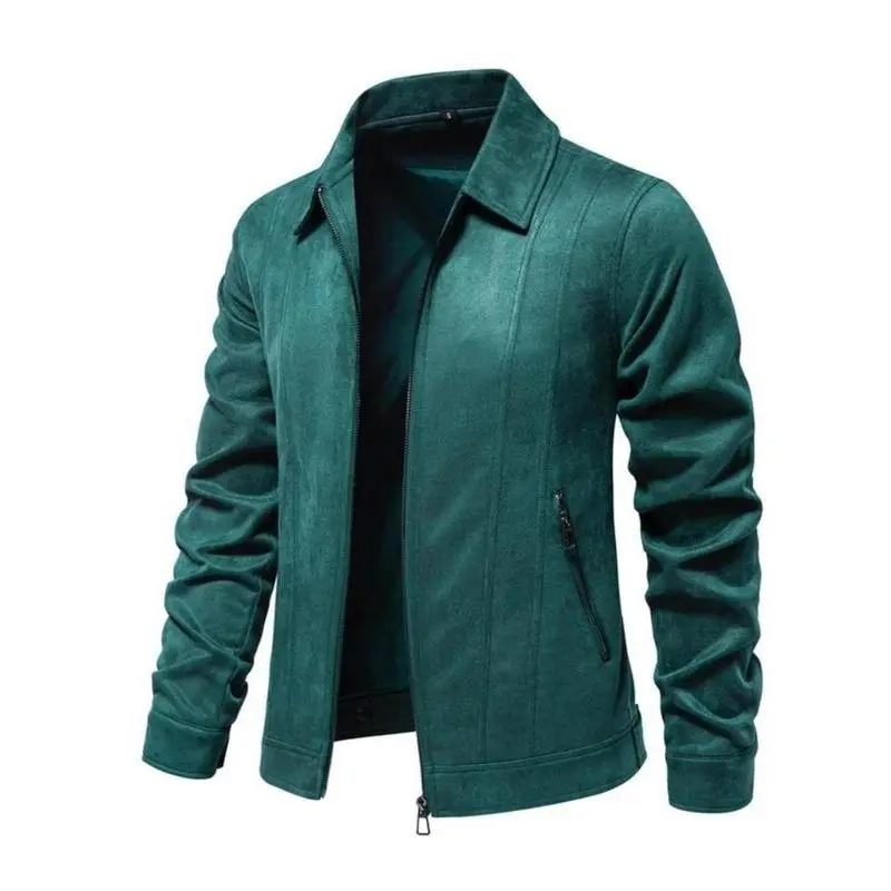 Men's Solid Pocket Zipper Suede Jacket, Regular Fit Casual Long Sleeve Collared Outerwear for Fall & Winter, Jackets for Men, Men's Clothes for Daily Wear