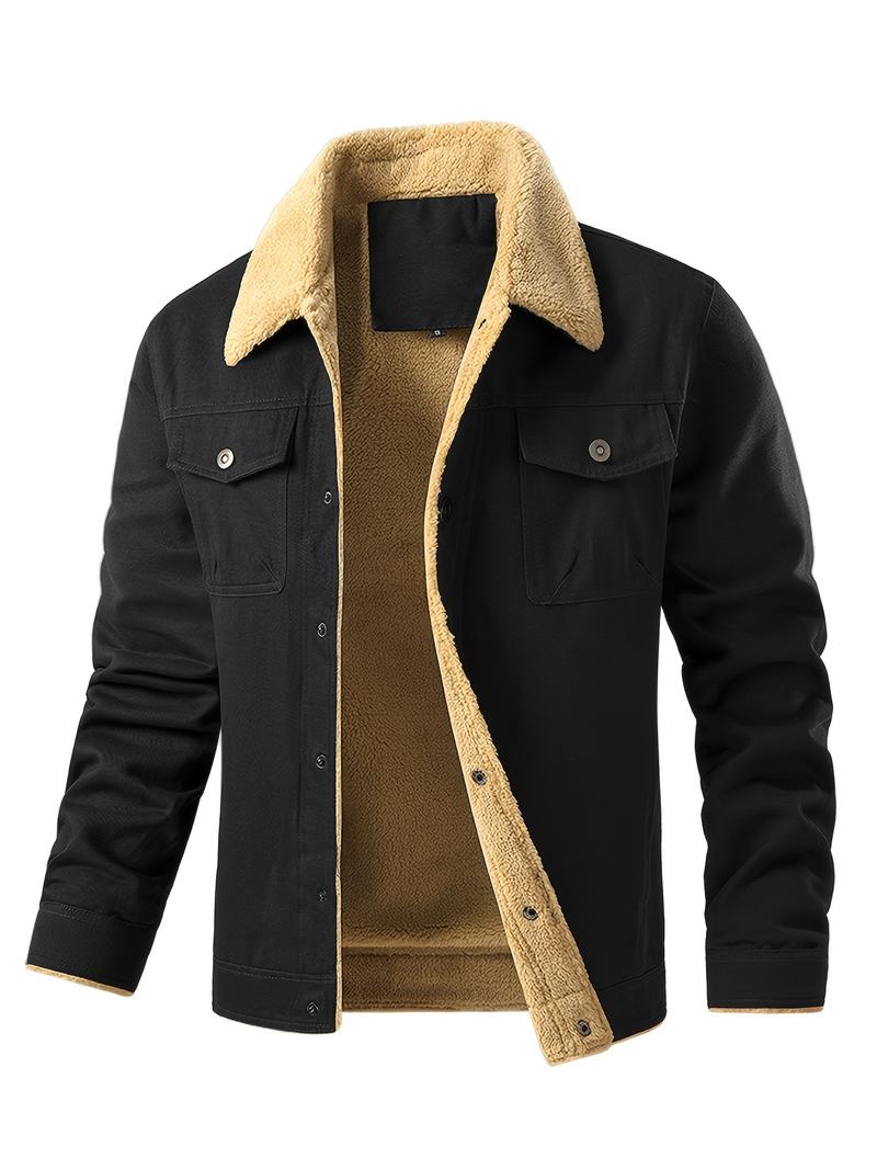 Product Introduction of Men's Fashion Trendy Cotton Fleece-Lined Jacket, Casual Workwear Outerwear with Sherpa Collar, Button-Up, Multiple Pockets Menswear Coats Tops Underwear Long Sleeve Beige Human Tights Plain Longsleeves Collared 1