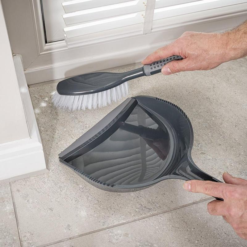 ComfiGrip Dustpan and Brush with Rubber Lip and Dirt-trapping Bristles, Metallic Graphite, 11 x 23 x 35 cm Cleaning Set Comfortable Plastic Pack 2
