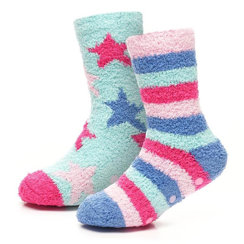 A2Z 4 Kids Girls Cosy Socks with Non-Skid Gripper Pack of 2 Super Soft Fluffy Slipper Socks for Warm Winter Comfort Hearts, Stars & Stripes Soft Warm Socks 4