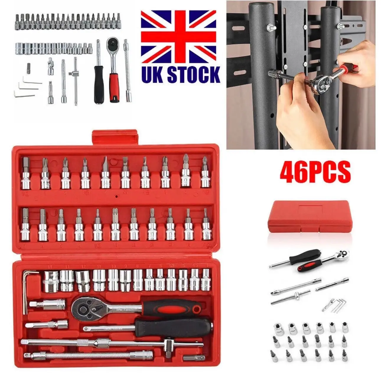 46-Piece 1/4'' Socket Set Car Repair Ratchet Wrench Combo Tools Kit With Case UK