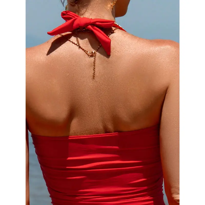 Swim Vcay 2025 Women's Solid Color Halter Cross Front Casual Swimsuit Dress Summer 4